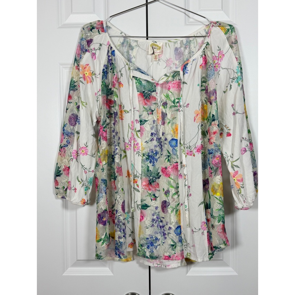 Fig and Flower Floral Lace Panel Peasant Blouse White Multi L‎